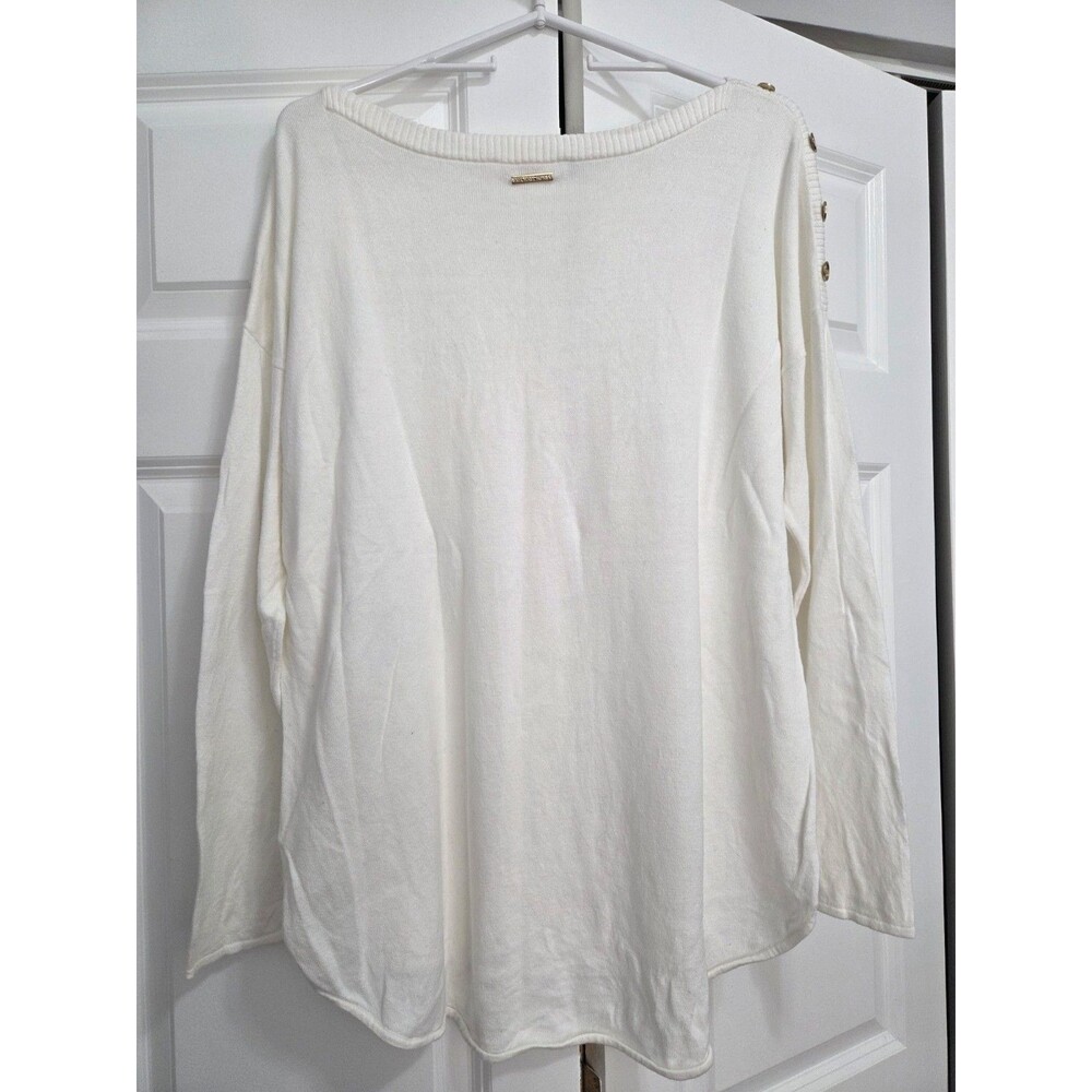 Michael Kors Pullover Sweater with Button Shoulder Accent, White, Women's L/XL - Picture 2 of 7
